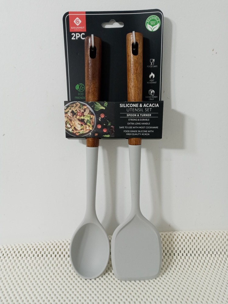 Acacia & Light-Grey Silicone 2 Piece Utensil Set: Spoon & Turner-image