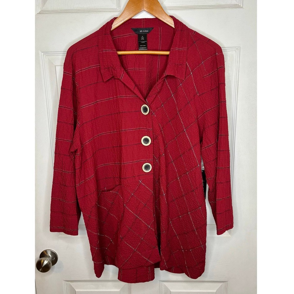 Ali Miles Women’s XL Blouse Wire Collar Lagenlook Tunic Top Button Front Red