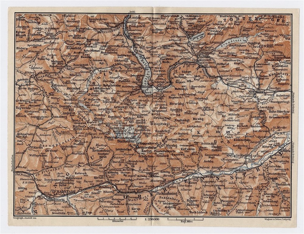 1910 Original Antique Map Of Vicinity Of Randstadt Hallstatt Aussee / Austria