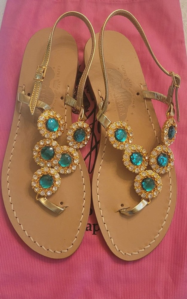 AMADEO CANFORA CAPRI EMERALD JEWELED WOMEN'S LEATHER SANDALS  ITALY GOLD...