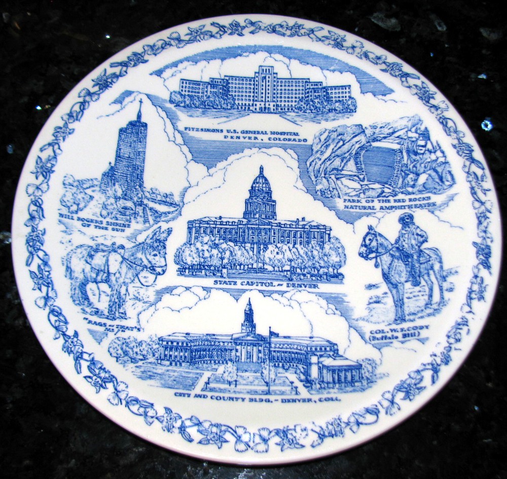 Vintage COLORADO Denver Buffalo Bill Red Rock*Vernon Kilns Blue Plate