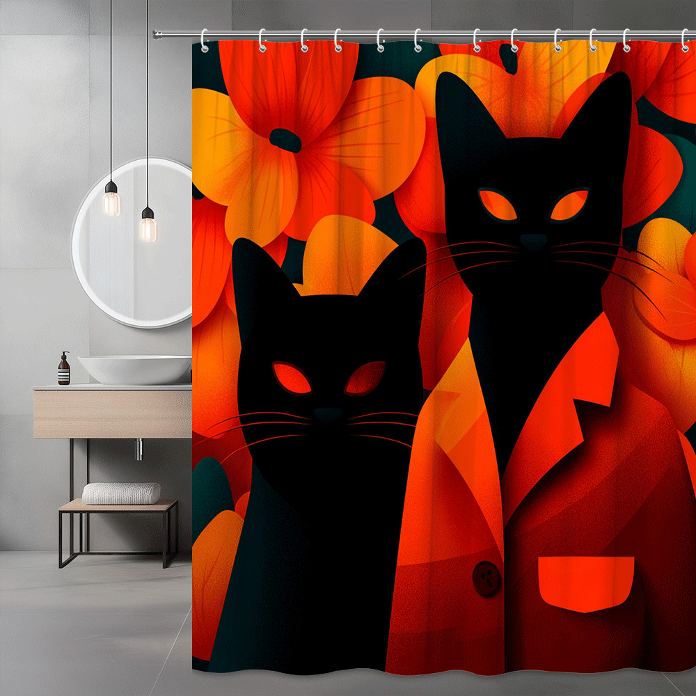Halloween Cat Shower Curtain Black Orange Floral Print