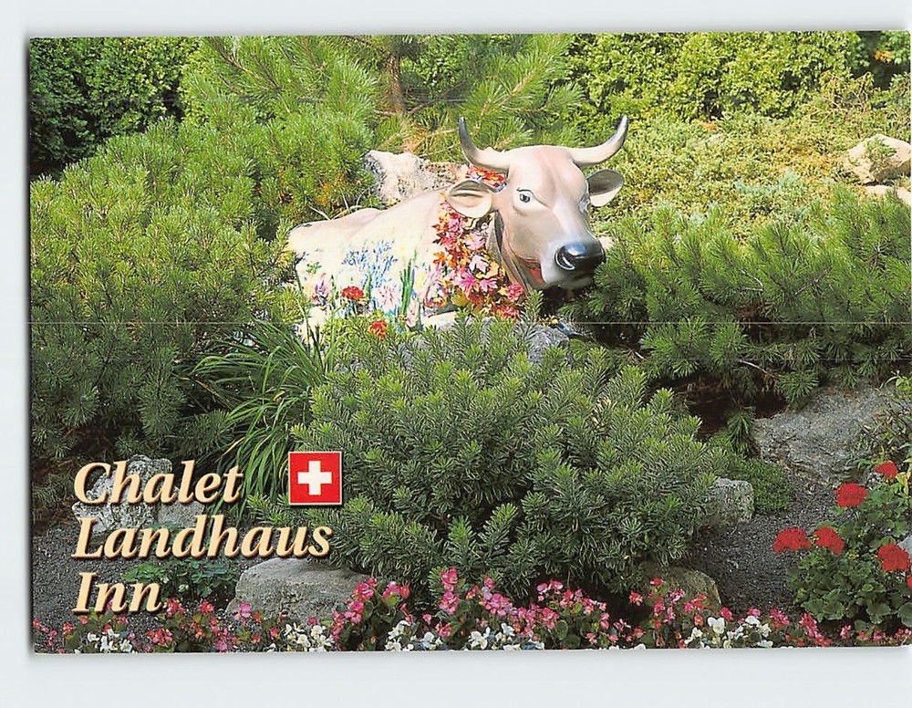 Postcard Cow Statue Chalet Landhaus Inn New Glarus Wisconsin USA