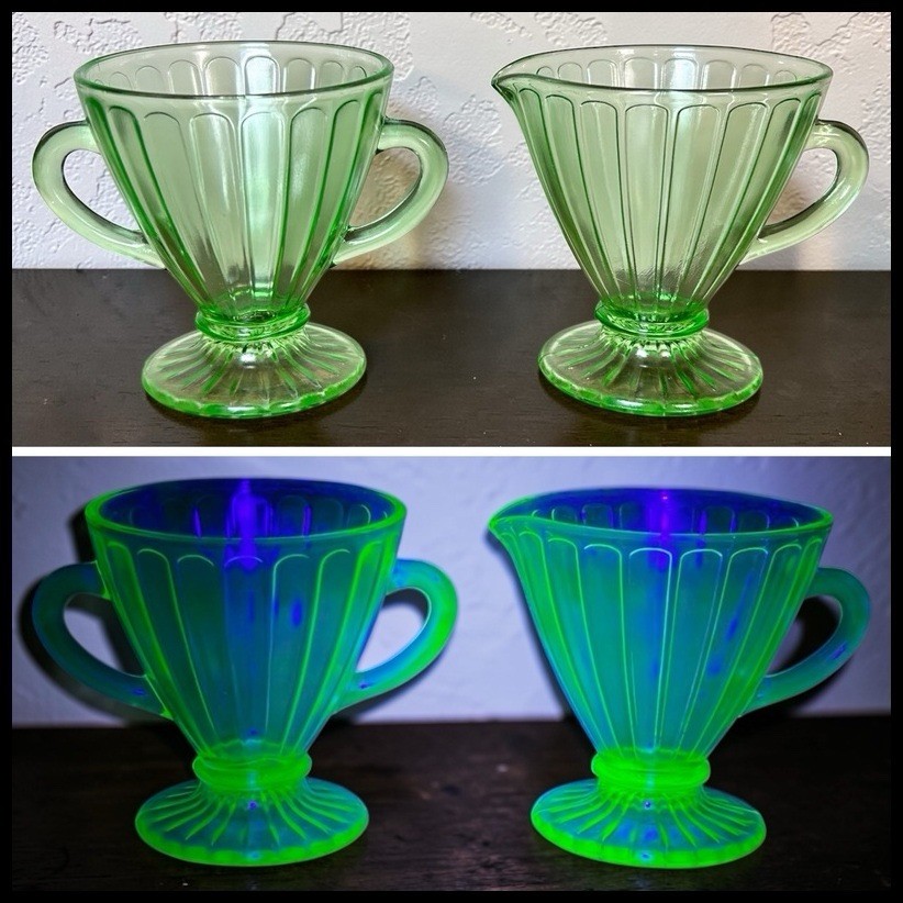 Antique Hazel Atlas Depression Vaseline Uranium Glass Aurora Sugar Bowl/Creamer