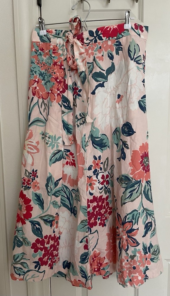 LOFT Maxi Wrap Skirt 10 Pink Floral Linen Blend TieWaist Boho Cottagecore Hippie