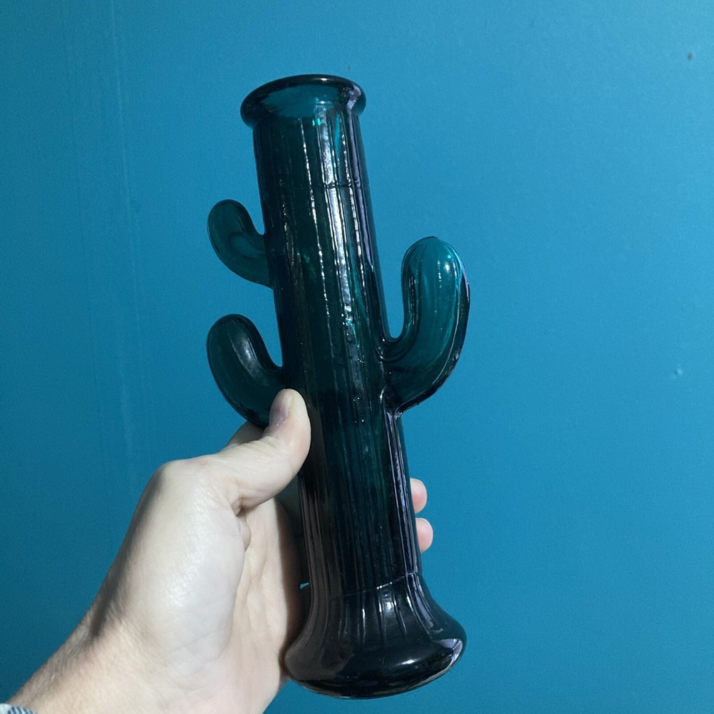 Vintage Heavy Green Glass Saguaro Cactus Candle Holder bud vase  8-1/4