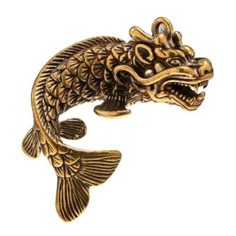 Brass Dragon Fish Casting Statue Mini Metal Figurine Home Office Desk Decor