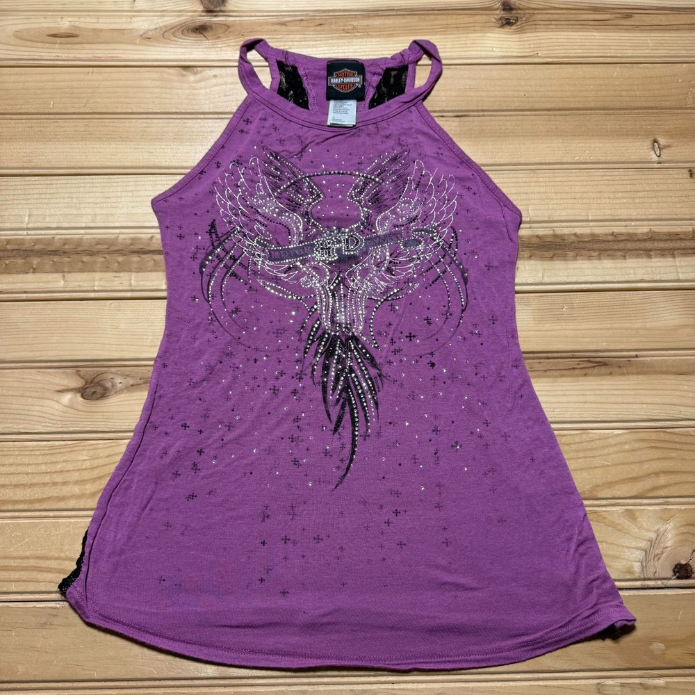 Vintage Y2K Harley-Davidson Rhinestone Wings Lace Back Biker Tank Top - Small