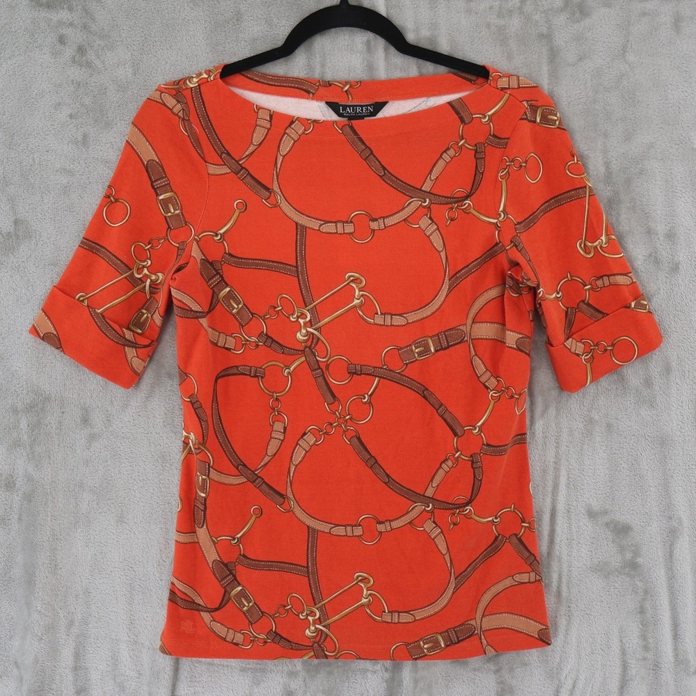 Lauren Ralph Lauren Belting Print Top Womens Medium Orange Equestrian $55 NWT