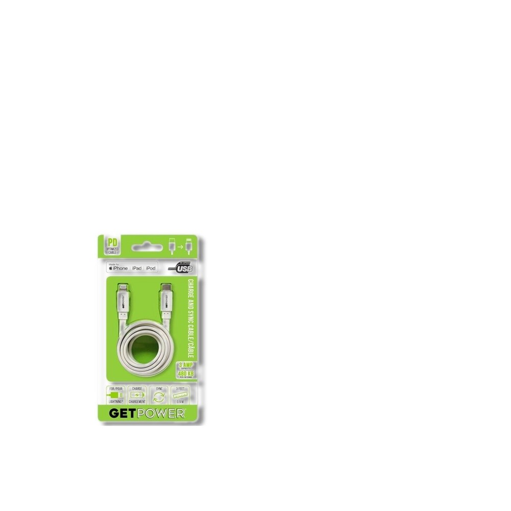GetPower White Hi-Speed Lightning to USB-C For Apple 3 ft. L GP-USBC-ACL