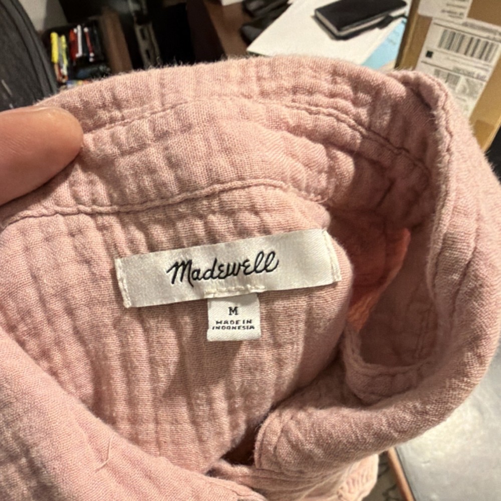 Madewell Pink Crinkle Cotton Button-Up Blouse Collared Short Sleeve M