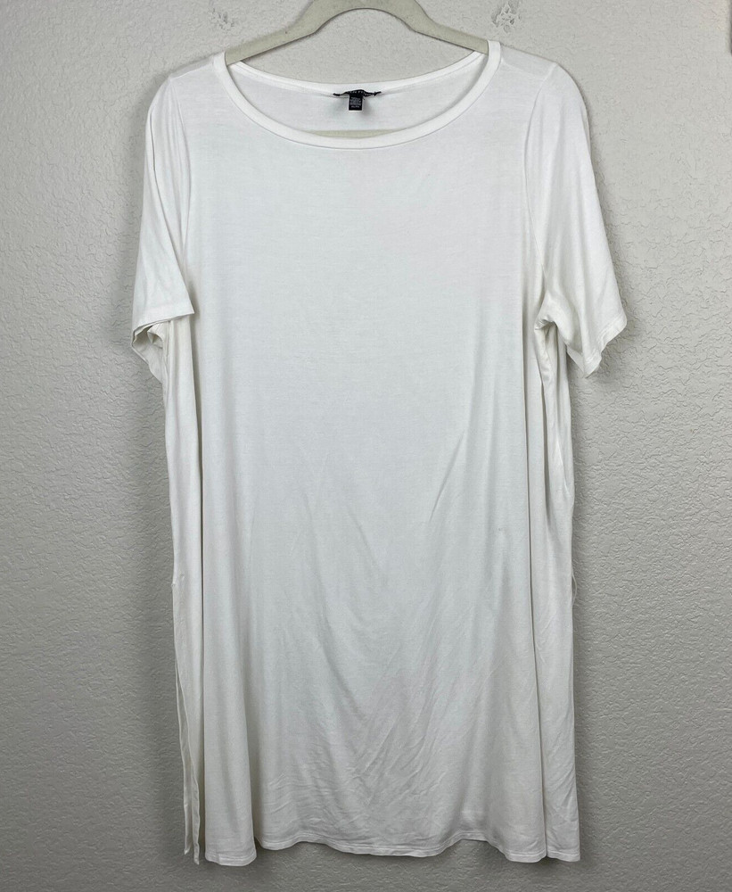 Eileen Fisher Long Tunic Top Short Sleeve XL White Slits Mini T-Shirt Dress