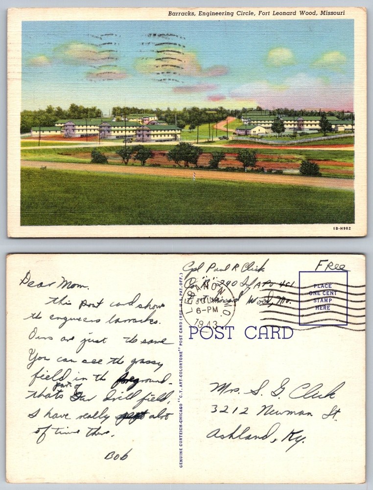1943 Fort Leonard Wood MO Barracks Engineering Circle WWII Linen Postcard