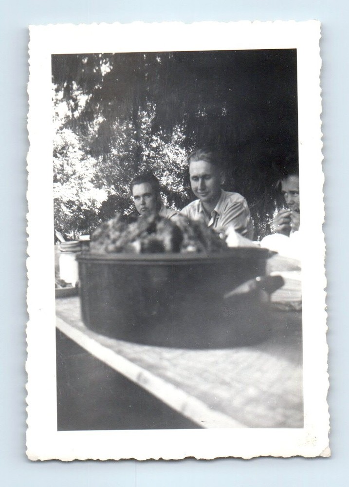 Old Vintage Photo TRIO MEN EATING AT PICNIC TABLE POT ROAST ORIGINAL SNAPSHOT