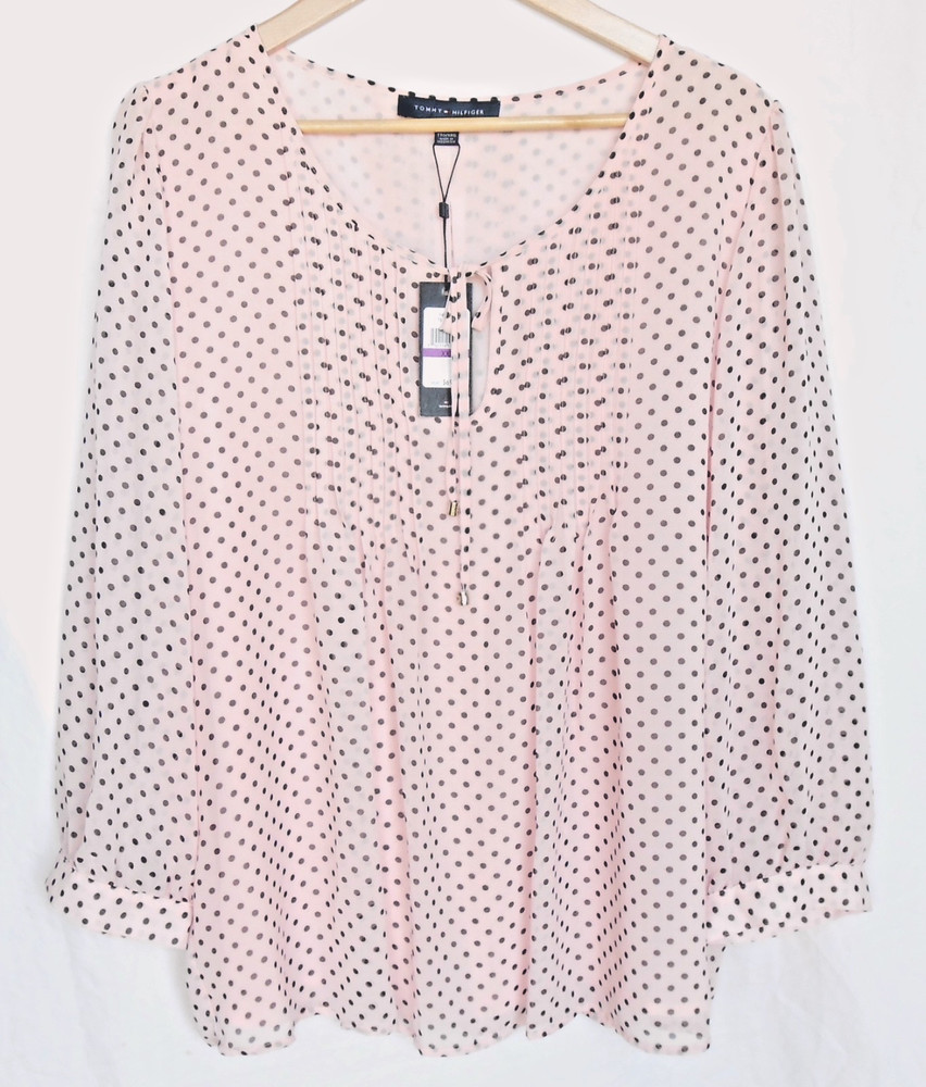 NWT Tommy Hilfiger Pink Polka Dots Pintuck Blouse Long Sleeve Lined Women's XXL