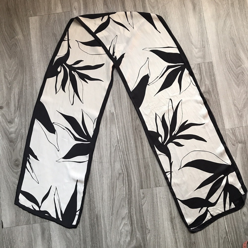 Silk Rectangle Scarf White Black Semi Sheer Palm Pattern Abstract Rectangle-image