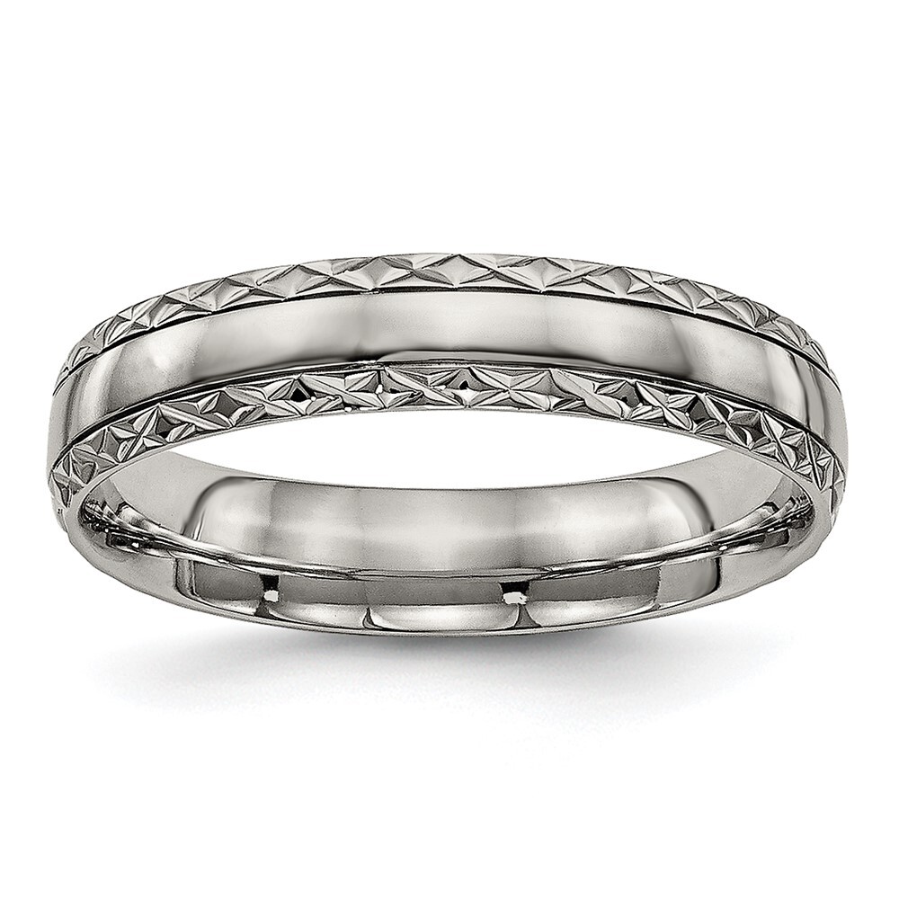 Titanium Polished Grooved 5mm Criss Cross Design Band Ring Size 10