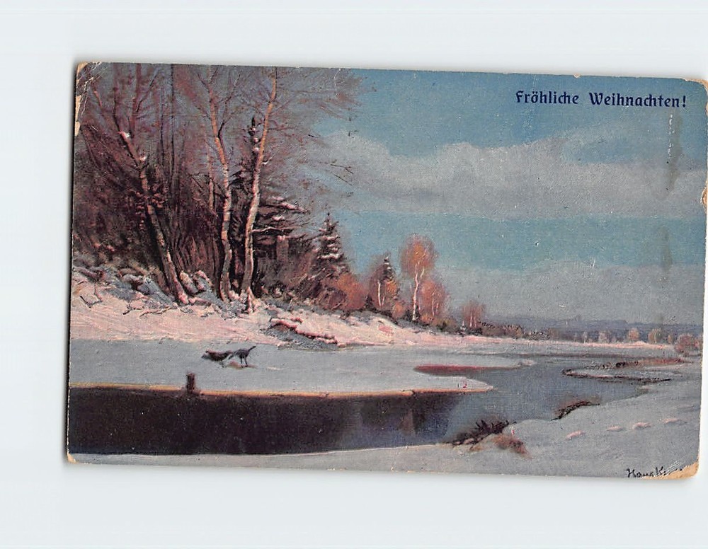 Postcard Fröhliche Weihnachten! with Lake Snow Nature Landscape Scenery