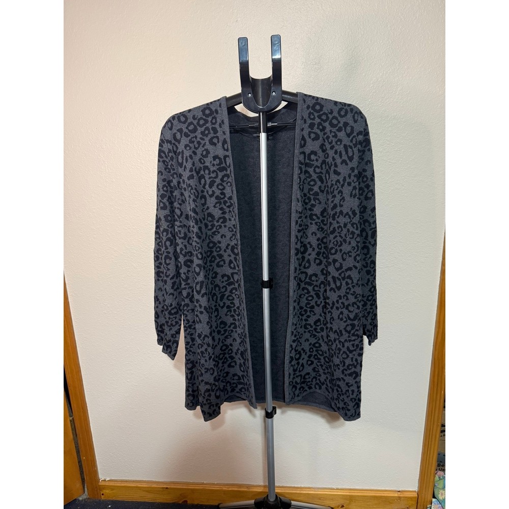 JM Collection Womens XL Gray Black Leopard Print Open Front Cardigan Sweater