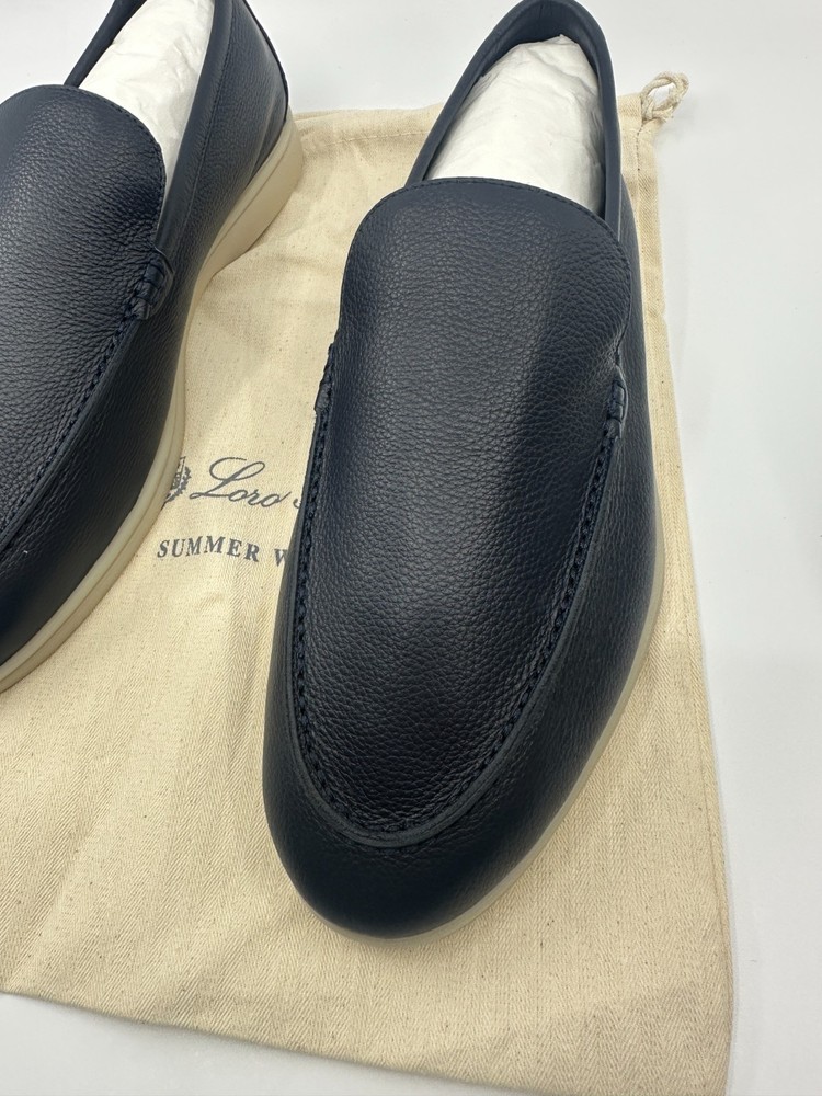 Navy Blue Leather Loro Piana Summer Walk Loafers Shoes