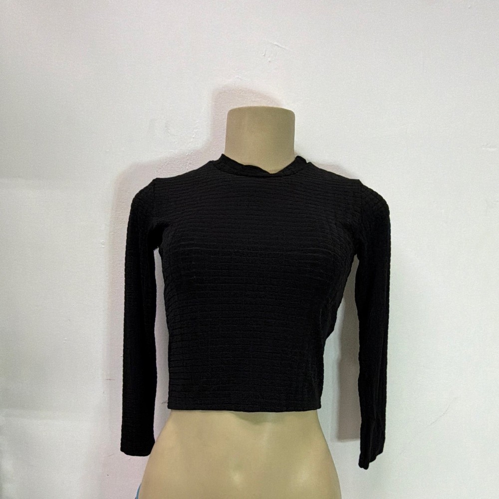 Cheryl Creations Black Knit Cropped Top, Long Sleeve Crew Neck Stretch S