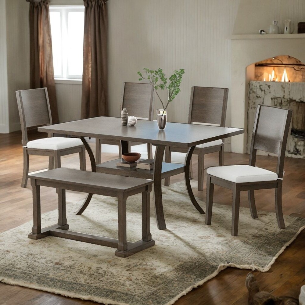 6-Piece Wood Dining Table Set with Storage Shelf and Bench and 4 Removable