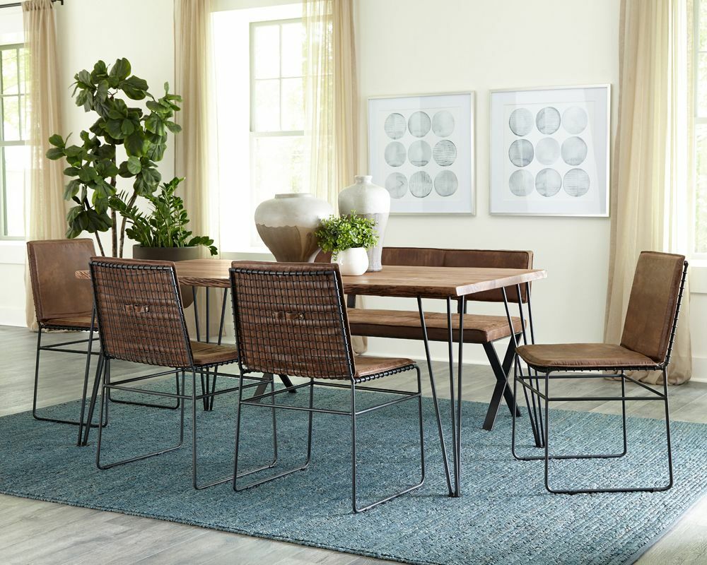 6-Piece Acacia Wood Dining Set with Leatherette Chairs & Bench-image