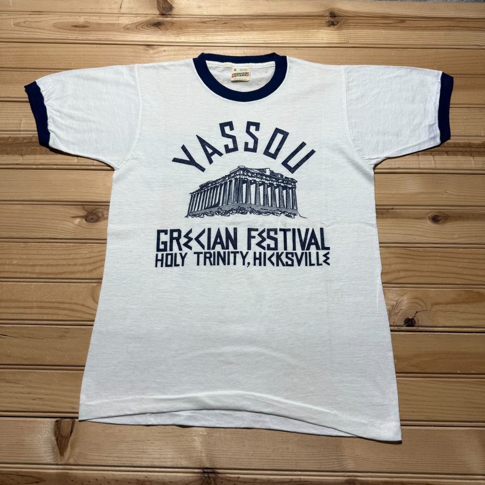 Vintage 80s Yassou Greek Festival Holy Trinity Hicksville Ringer Shirt USA Small