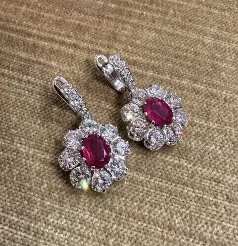 2Ct Oval Cut Simulated Ruby Halo Drop Dangle Earrings In 14K White Gold Plated