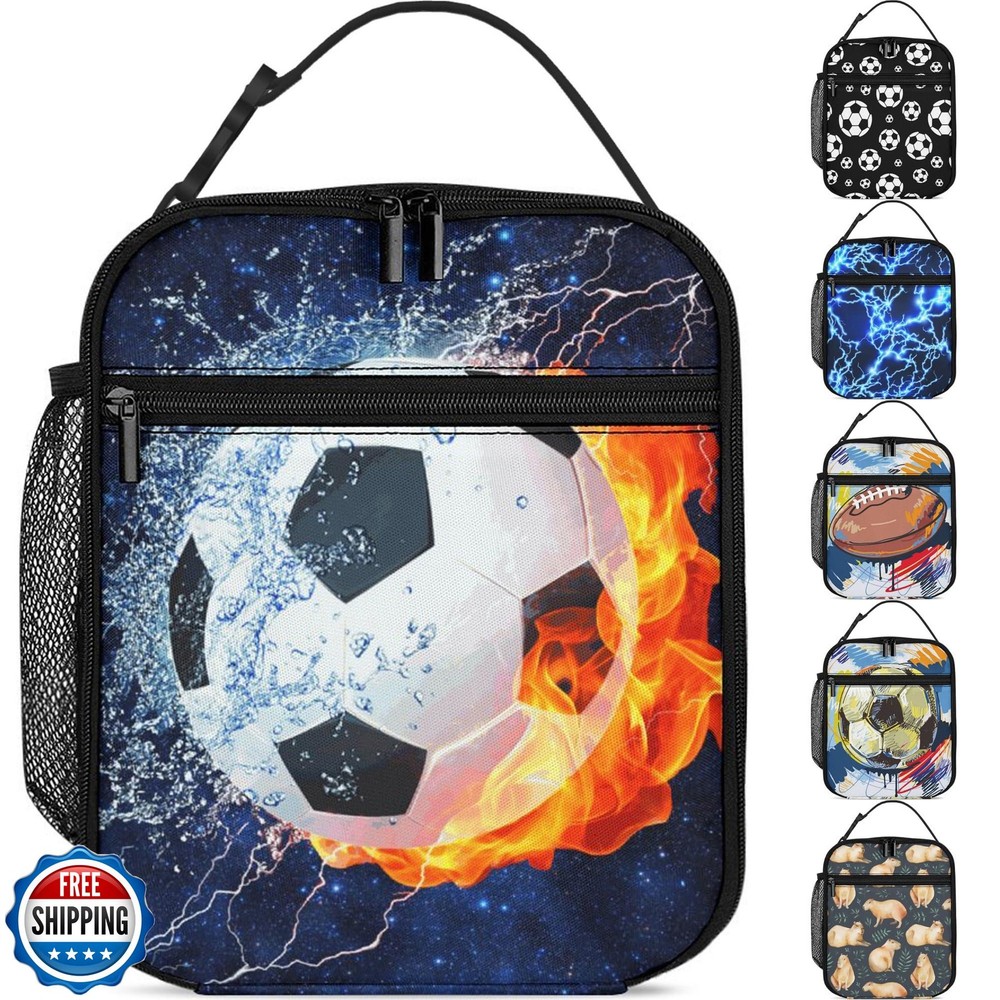 Galaxy Themed Insulated Lunch Bag for Kids Fire Water Soccer Design  