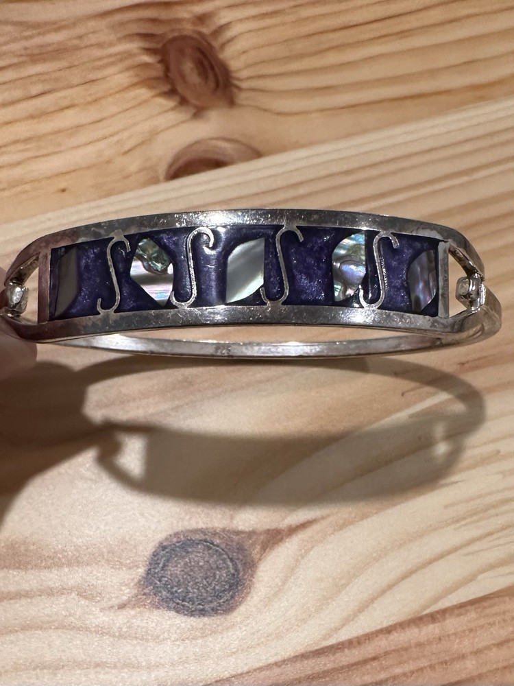Sterling Silver Mother Of Pearl Abalone And Purple Enamel Hinged Bangle Bracelet