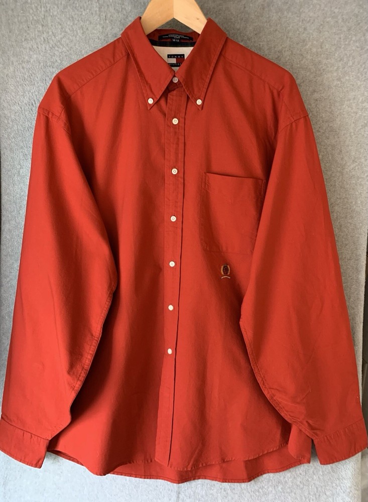 VTG Y2K Tommy Hilfiger Red Crest Button Down Oxford Shirt Men's 16.5 36/37 Cotton