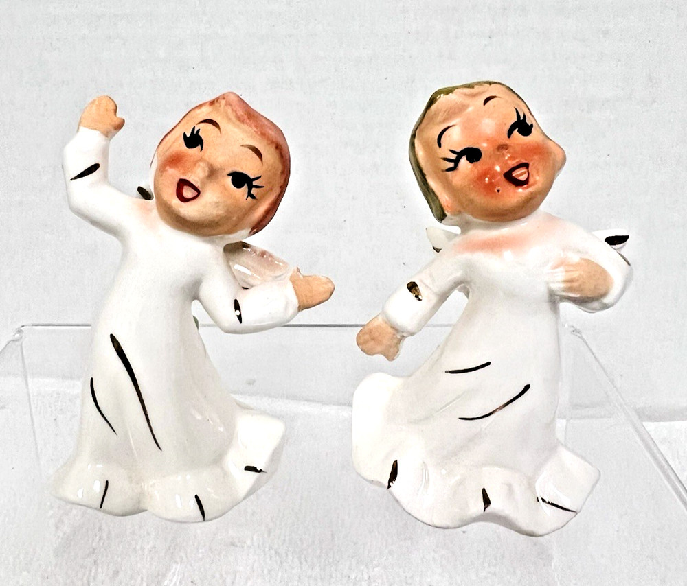 2 Vintage Ceramic White Gold Accent Joyful Christmas Angels Figurines Japan-image