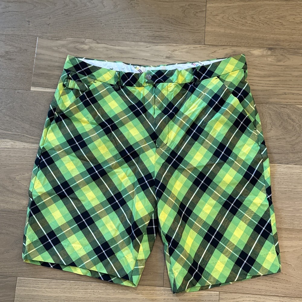Royal & Awesome Golf Shorts Mens 42 Green Plaid Loud Print Stretch 9.5”