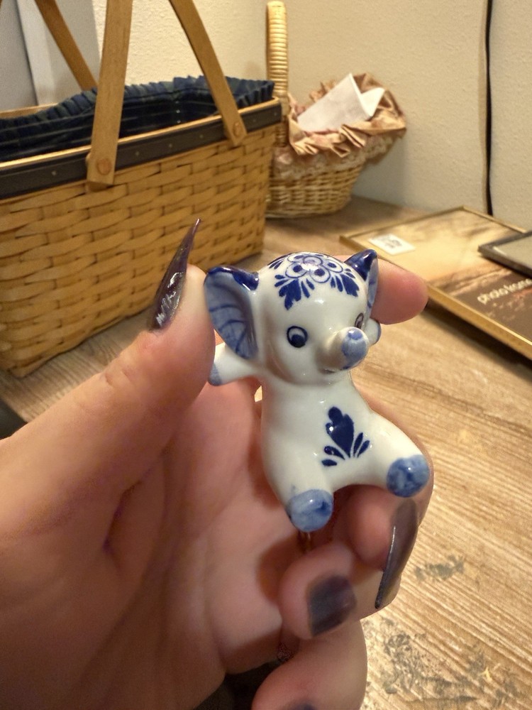 Vintage Mini Ceramic Blue And White Elephant Figurine