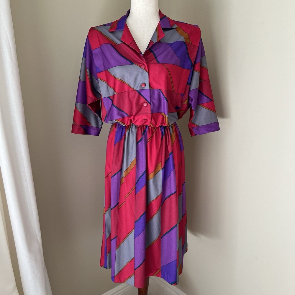 VTG 70s 80s Signor California Womens Dress M Geometric Dolman Sleeve Groovy Mod