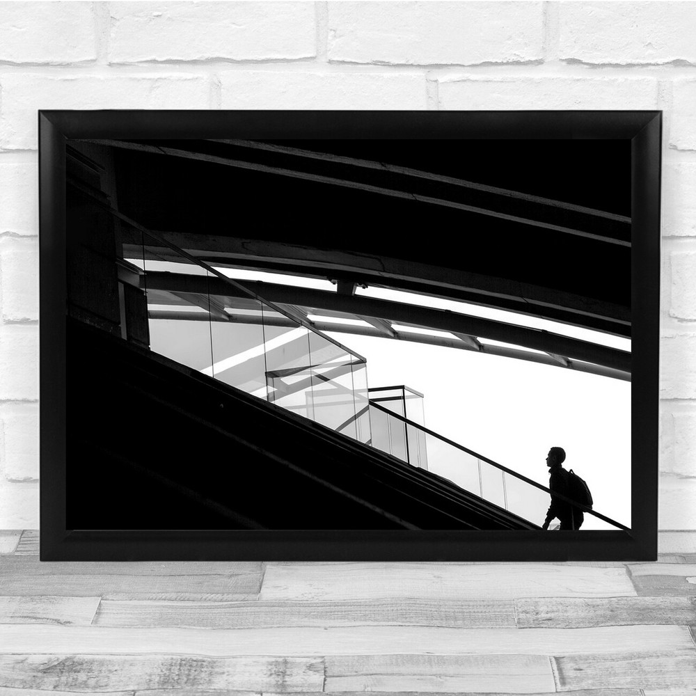 Escalators Man Backpack Street Black & White Wall Art Print