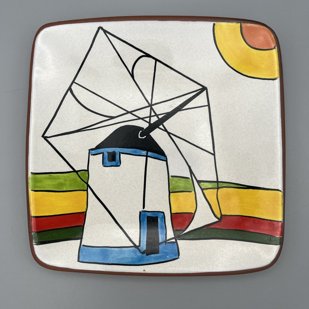 Windmill  Decorative Square Plate Portugal Hand Made Painted  Signed Colorful
