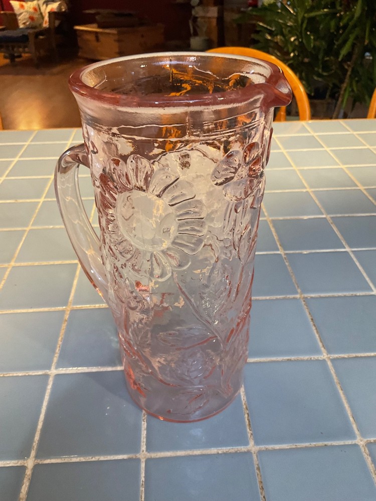 Clear Glass Pink Floral Pattern Pitcher with Handles & Glossy Finish
