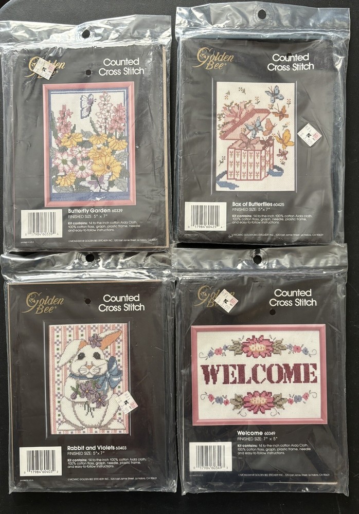 Golden Bee Counted Cross Stitch Kit Lot of 4 Vintage Butterflies Bunny Welcome