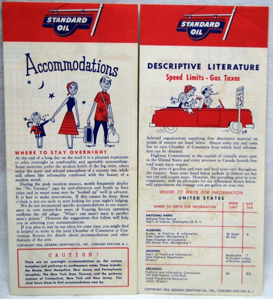 STANDARD OIL ACCOMODATIONS GAS TAXES SPEED LIMITS ADVERTISING BROCHURES 1954-image