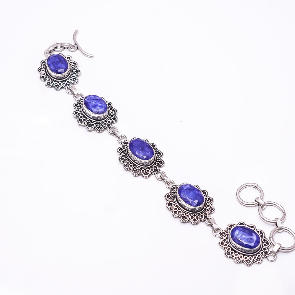 Blue Sapphire (Lab-Created) Fine Art Oxidised 925 Sterling Silver Bracelet 8.99