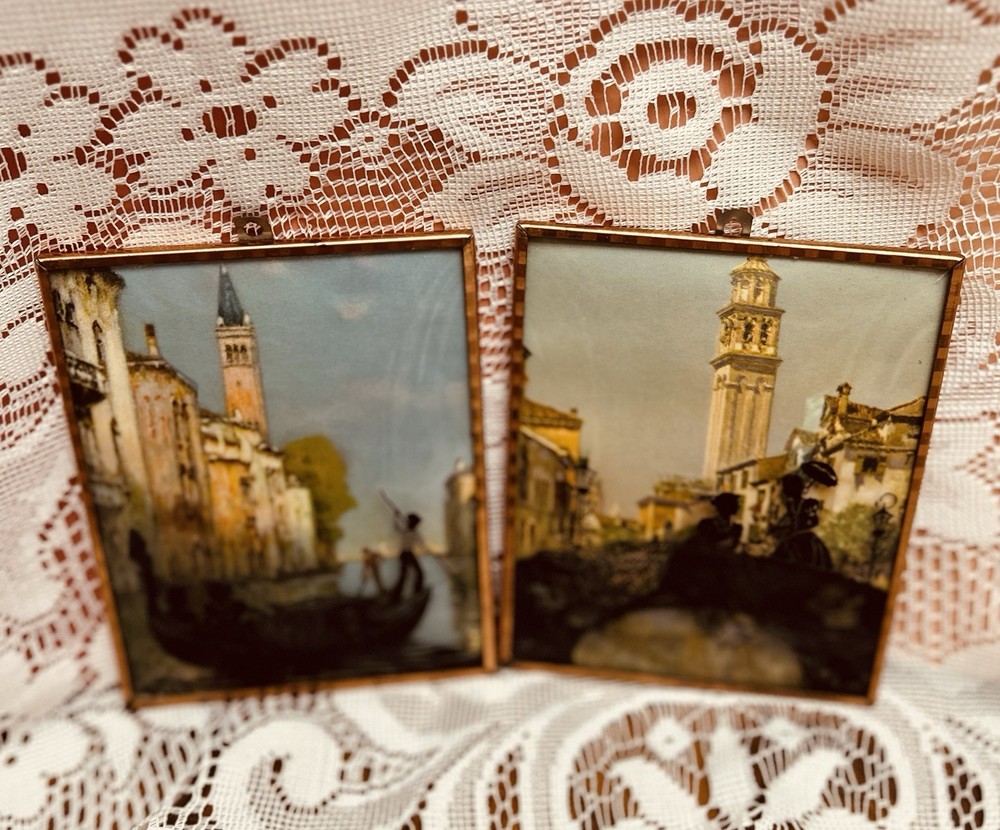 Reverse Painted Silhouette Convex Bubble Glass Venice Scenes Set of 2