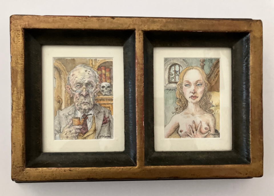Framed watercolor and ink painting