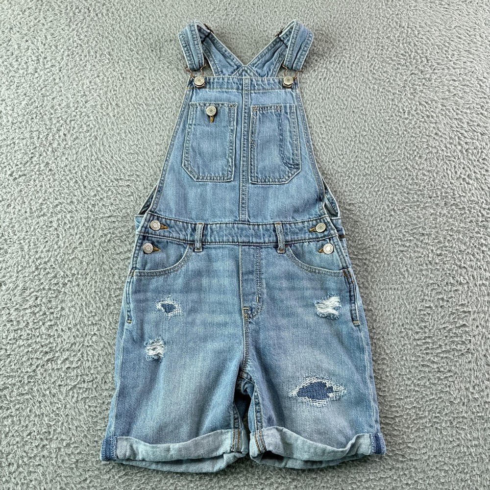 Gap Kids Shortall Girls Large Blue Denim Distressed Patched Cuffed Cotton Light