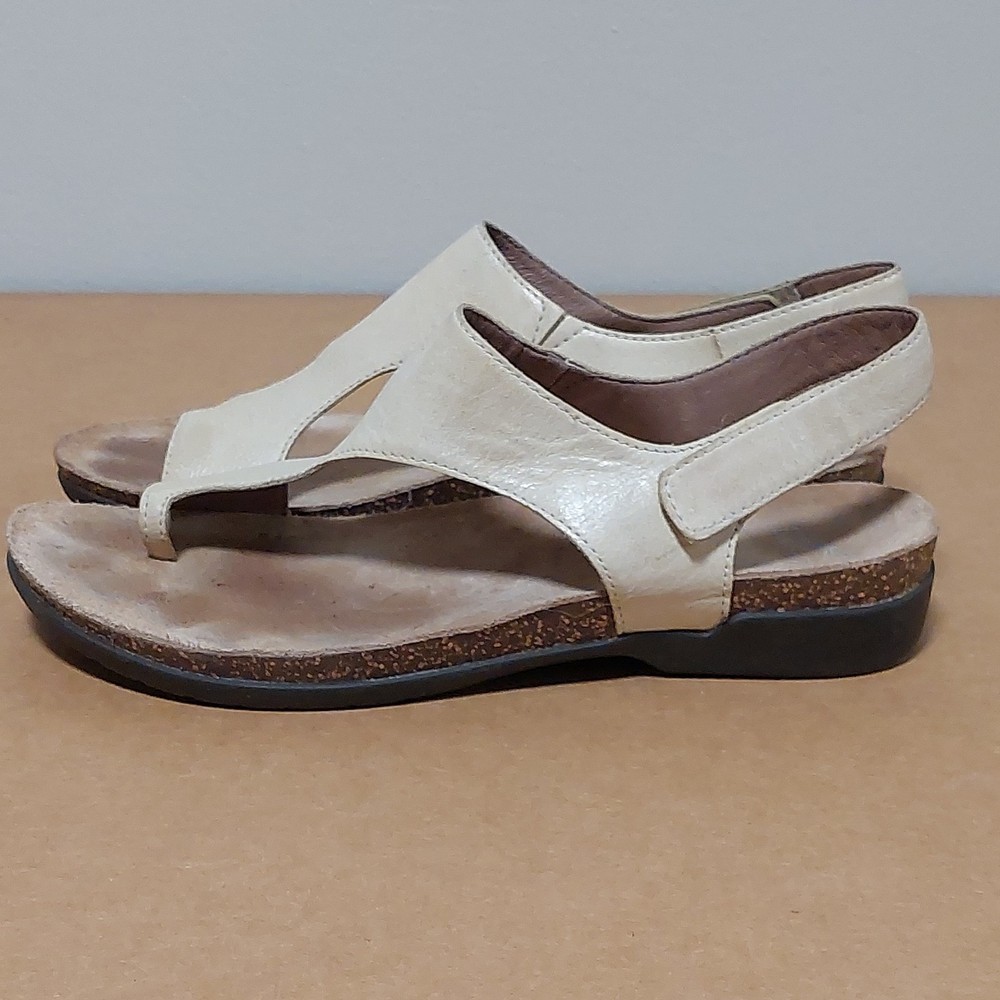 Dansko Sandals Women  Reece Linen Milled Shoes Beige Tan Leather Toe Loop SZ 39