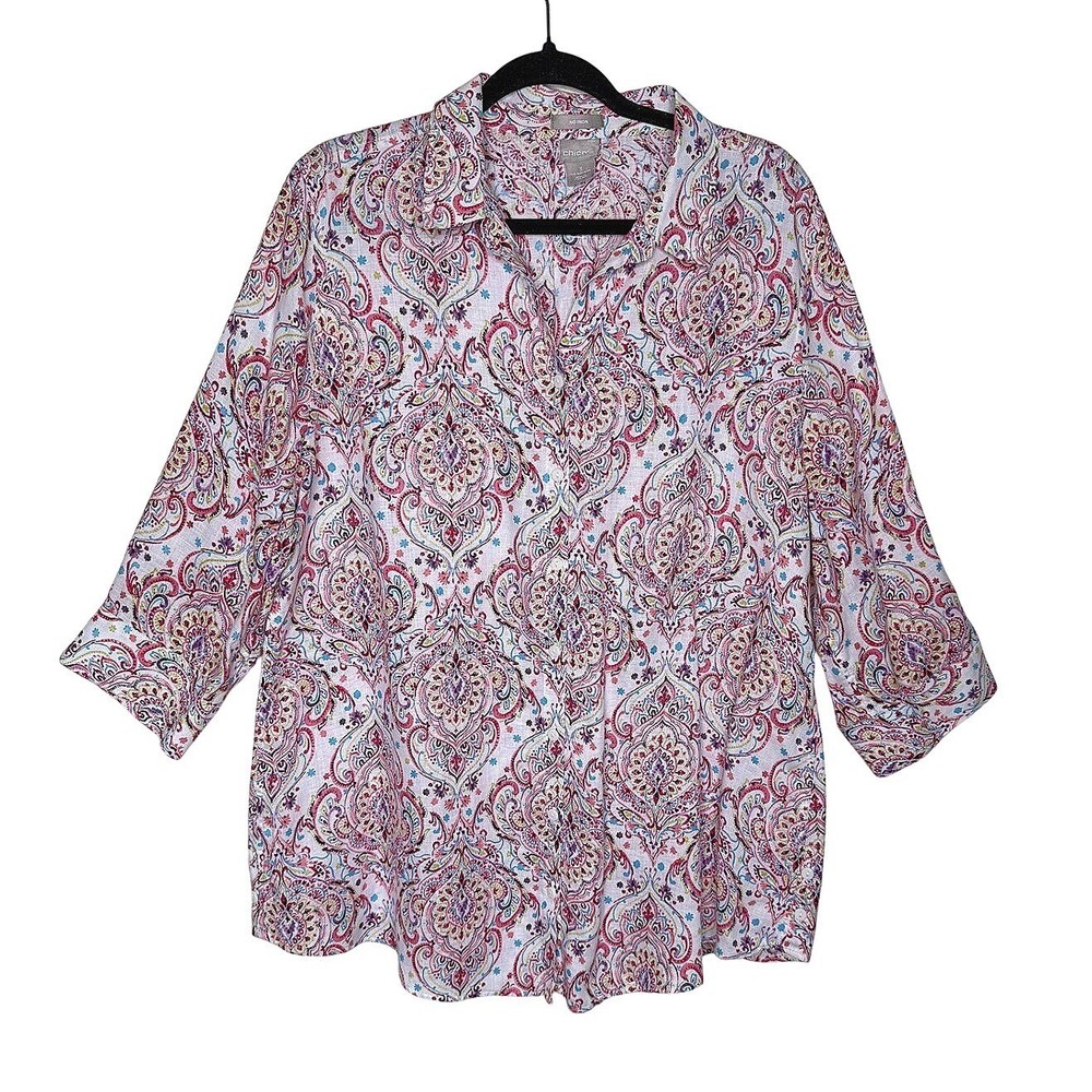 Chico's Paisley No Iron Linen Shirt Women XL Multi-Color 3/4 Sleeve Beach Boho