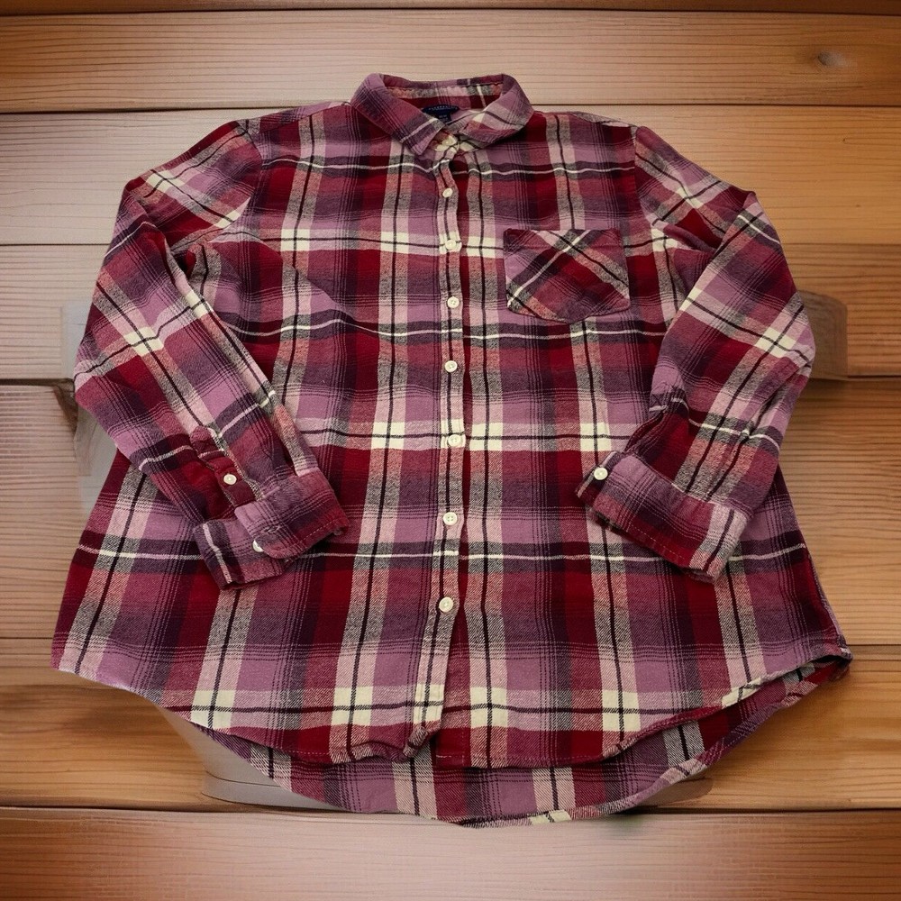 Aeropostale Womans M Medium Pink Plaid Flannel Pocket Cotton  Button Down Shirt
