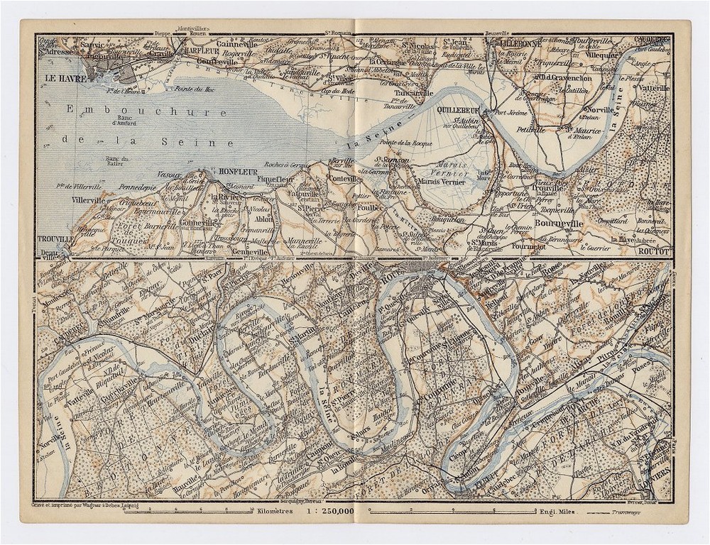 1919 Original Antique Map Vicinity Of Rouen Le Havre Normandy Normandie France
