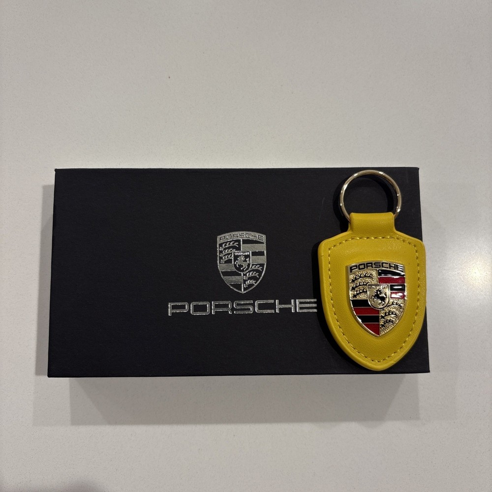 NEW - PORSCHE YELLOW Emblem Crest Leather Keychain Key Ring Fob - OEM GIFT SET